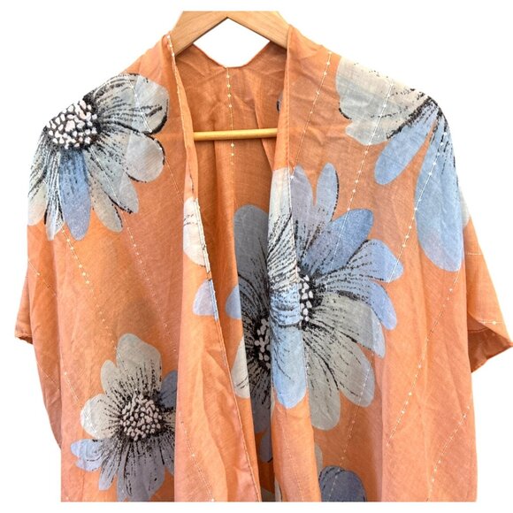 Jessica McClintock Boho Coral Blue Floral Kimono Cardigan Coastal Summer Chic - Picture 2 of 6